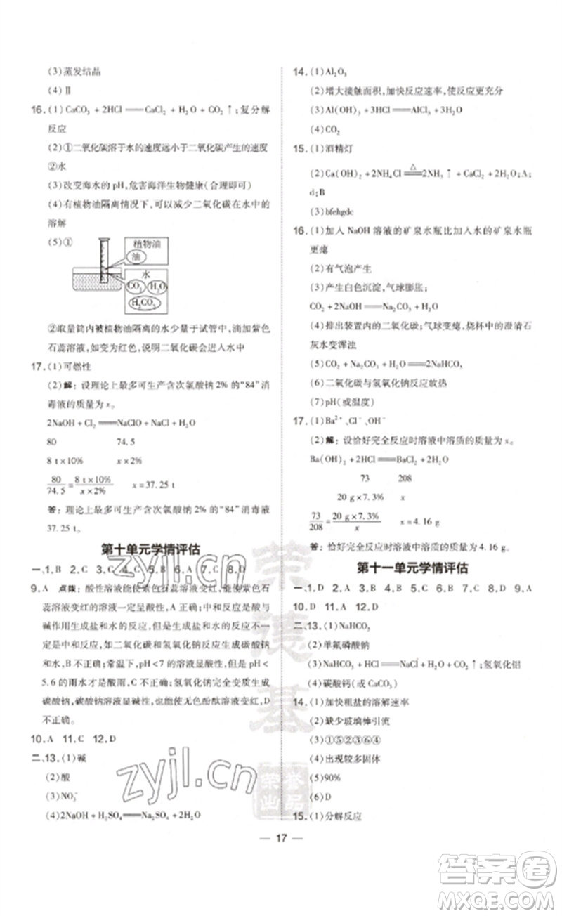 安徽教育出版社2023點(diǎn)撥訓(xùn)練九年級(jí)化學(xué)下冊(cè)人教版安徽專版參考答案