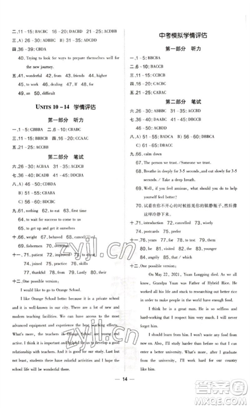 吉林教育出版社2023點(diǎn)撥訓(xùn)練九年級(jí)英語下冊(cè)人教版參考答案