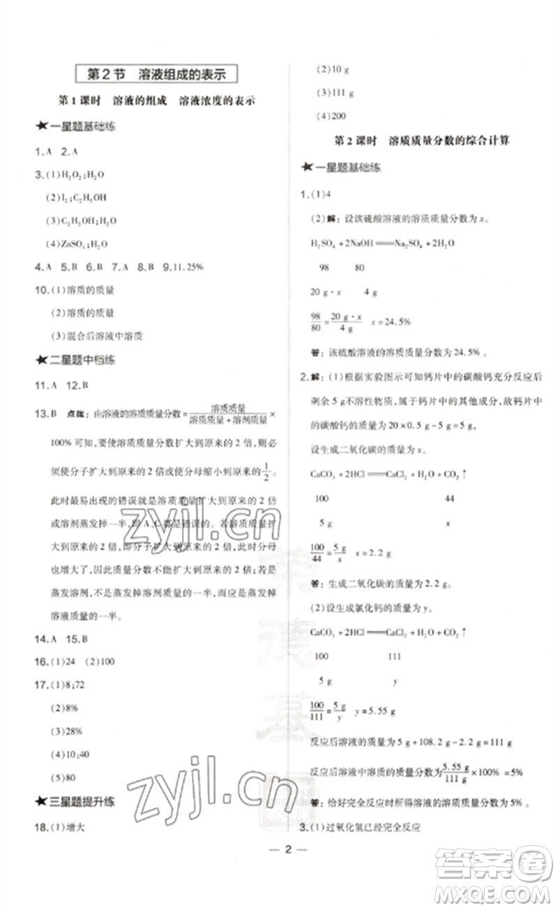 山西教育出版社2023點撥訓(xùn)練九年級化學(xué)下冊滬教版參考答案