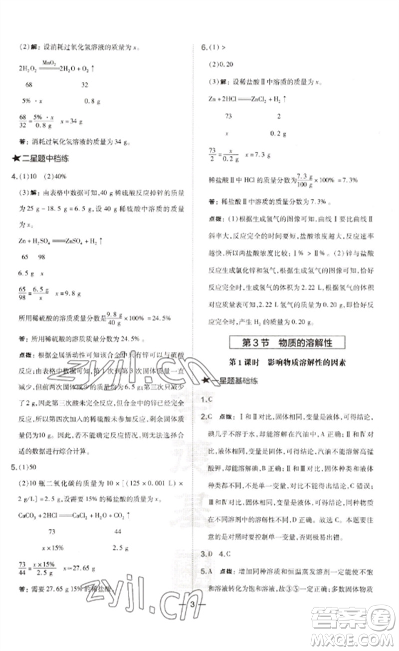 山西教育出版社2023點撥訓(xùn)練九年級化學(xué)下冊滬教版參考答案