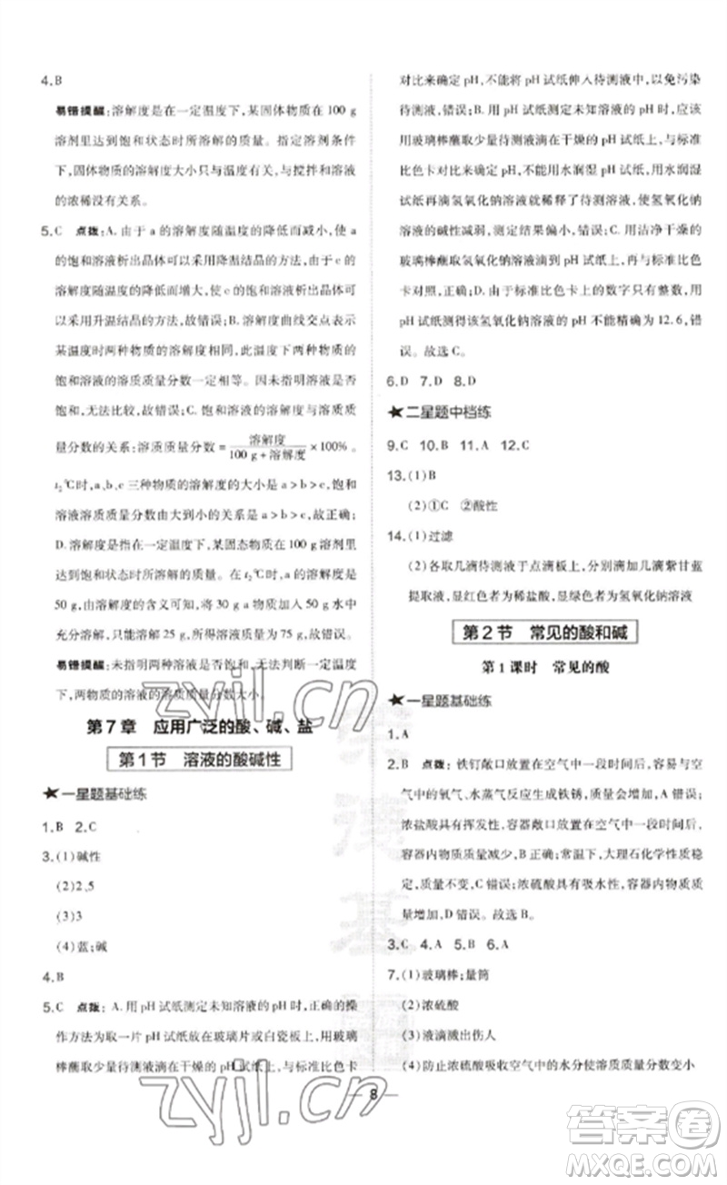 山西教育出版社2023點撥訓(xùn)練九年級化學(xué)下冊滬教版參考答案