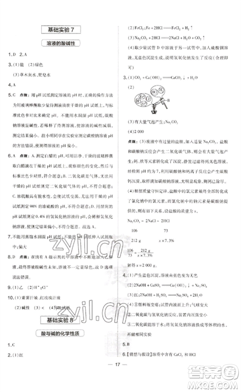 山西教育出版社2023點撥訓(xùn)練九年級化學(xué)下冊滬教版參考答案