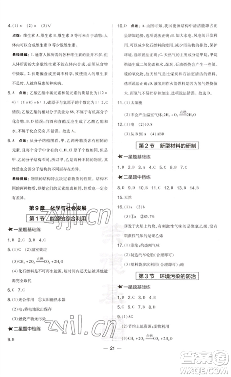 山西教育出版社2023點撥訓(xùn)練九年級化學(xué)下冊滬教版參考答案