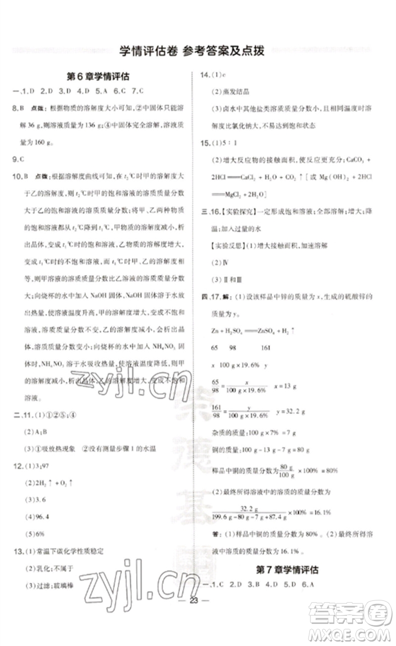 山西教育出版社2023點撥訓(xùn)練九年級化學(xué)下冊滬教版參考答案