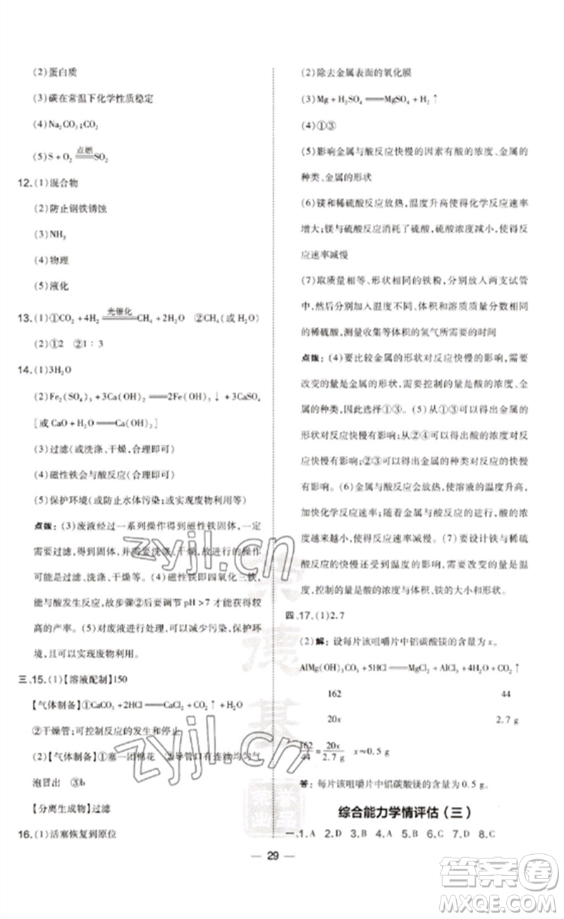 山西教育出版社2023點撥訓(xùn)練九年級化學(xué)下冊滬教版參考答案