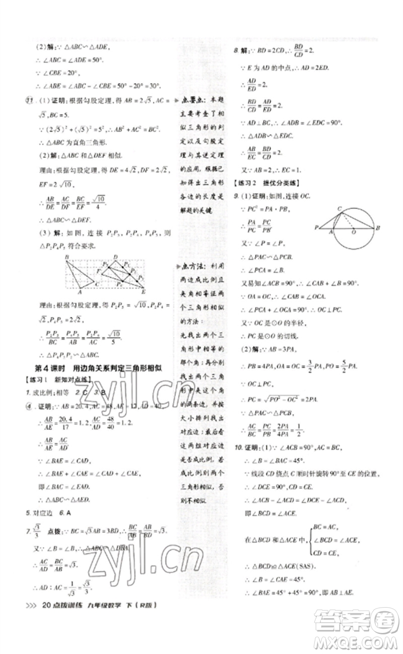 吉林教育出版社2023點(diǎn)撥訓(xùn)練九年級數(shù)學(xué)下冊人教版參考答案