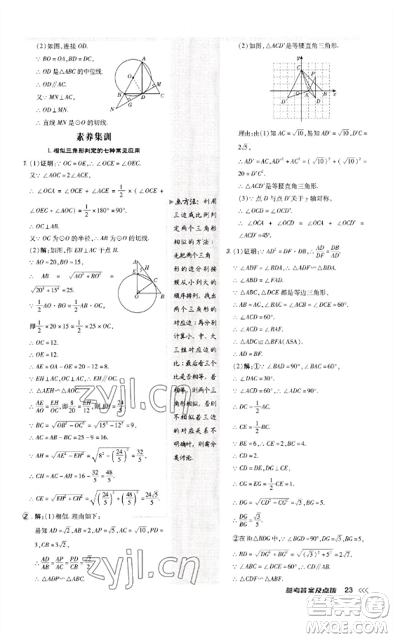 吉林教育出版社2023點(diǎn)撥訓(xùn)練九年級數(shù)學(xué)下冊人教版參考答案