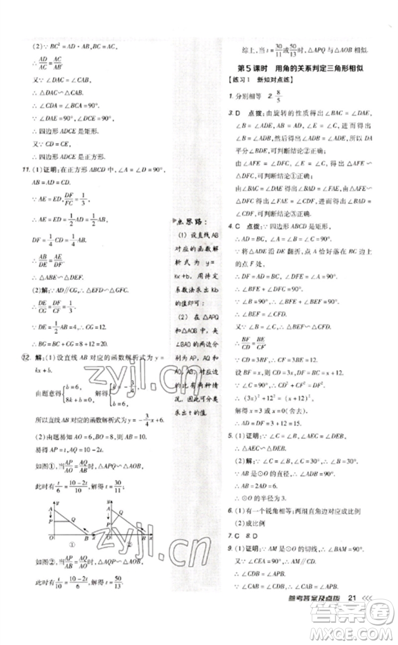 吉林教育出版社2023點(diǎn)撥訓(xùn)練九年級數(shù)學(xué)下冊人教版參考答案