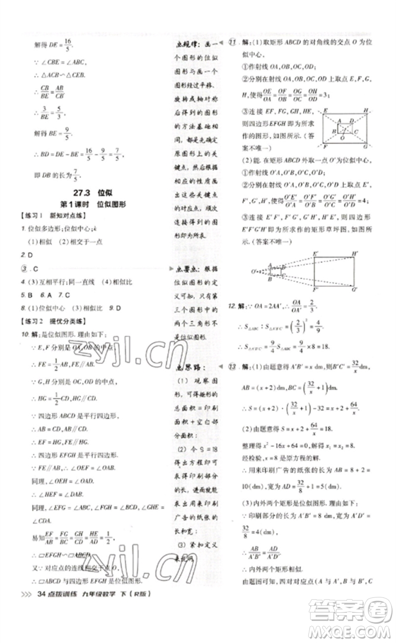 吉林教育出版社2023點(diǎn)撥訓(xùn)練九年級數(shù)學(xué)下冊人教版參考答案