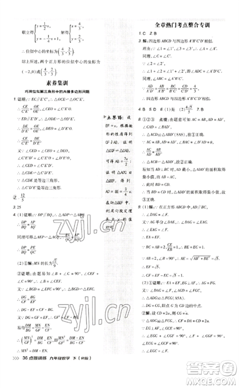 吉林教育出版社2023點(diǎn)撥訓(xùn)練九年級數(shù)學(xué)下冊人教版參考答案