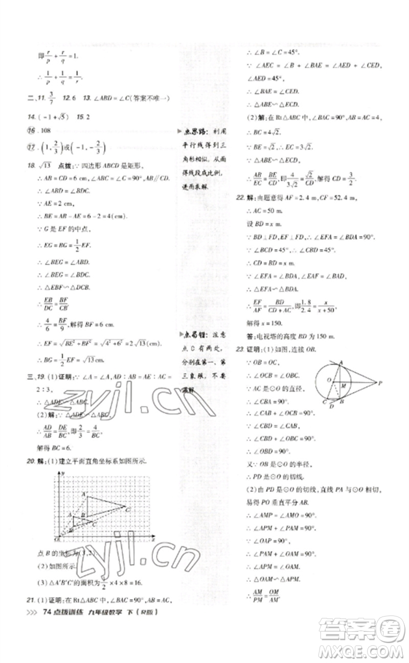 吉林教育出版社2023點(diǎn)撥訓(xùn)練九年級數(shù)學(xué)下冊人教版參考答案