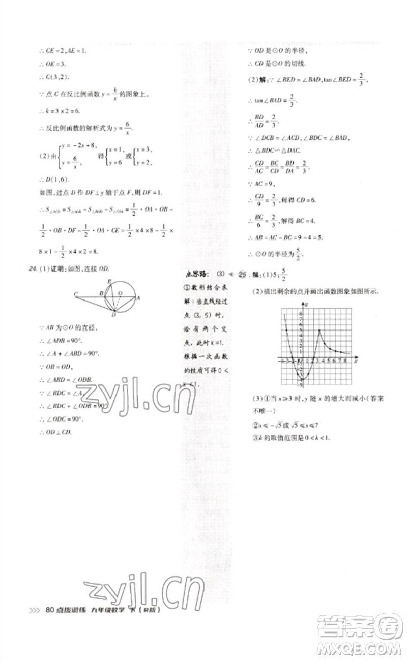 吉林教育出版社2023點(diǎn)撥訓(xùn)練九年級數(shù)學(xué)下冊人教版參考答案