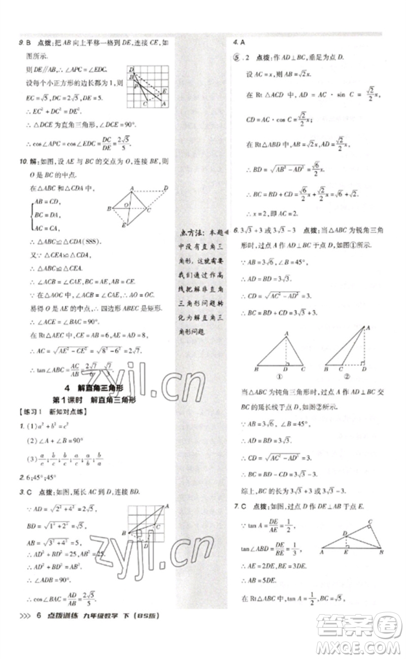 安徽教育出版社2023點(diǎn)撥訓(xùn)練九年級(jí)數(shù)學(xué)下冊(cè)北師大版參考答案