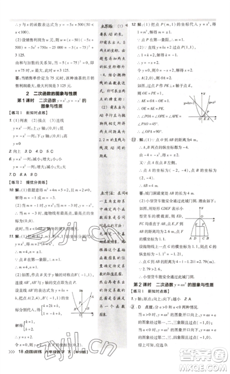 安徽教育出版社2023點(diǎn)撥訓(xùn)練九年級(jí)數(shù)學(xué)下冊(cè)北師大版參考答案