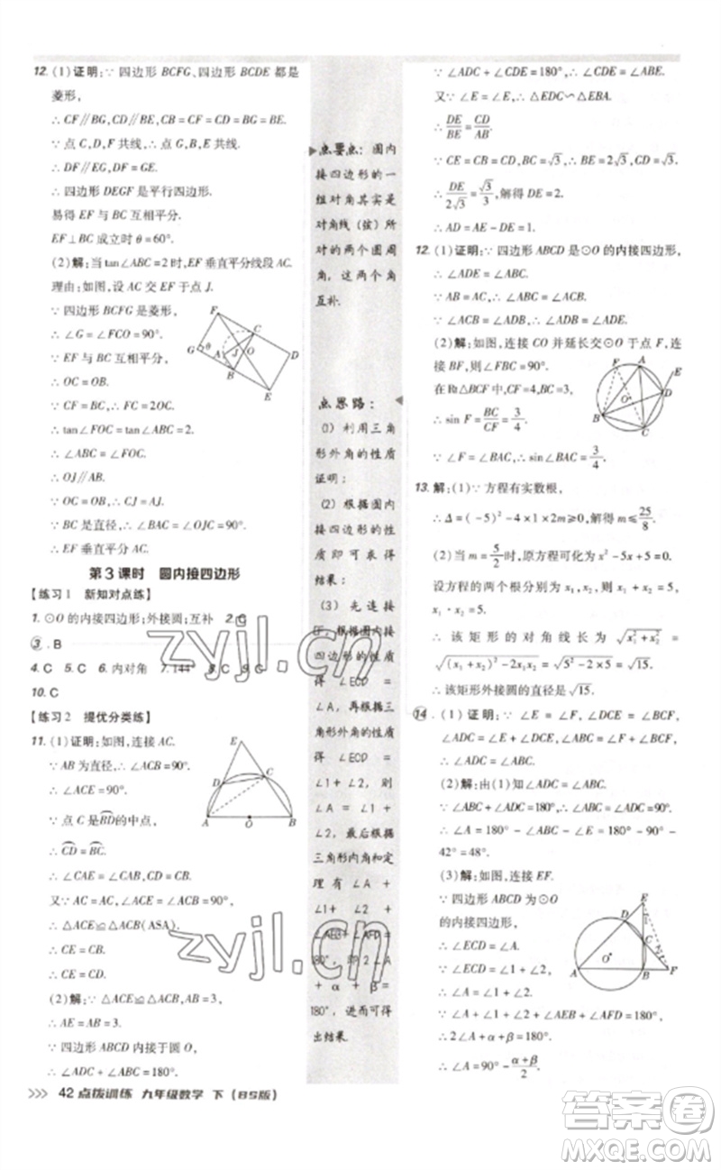 安徽教育出版社2023點(diǎn)撥訓(xùn)練九年級(jí)數(shù)學(xué)下冊(cè)北師大版參考答案