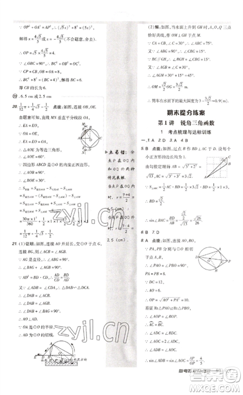 安徽教育出版社2023點(diǎn)撥訓(xùn)練九年級(jí)數(shù)學(xué)下冊(cè)北師大版參考答案