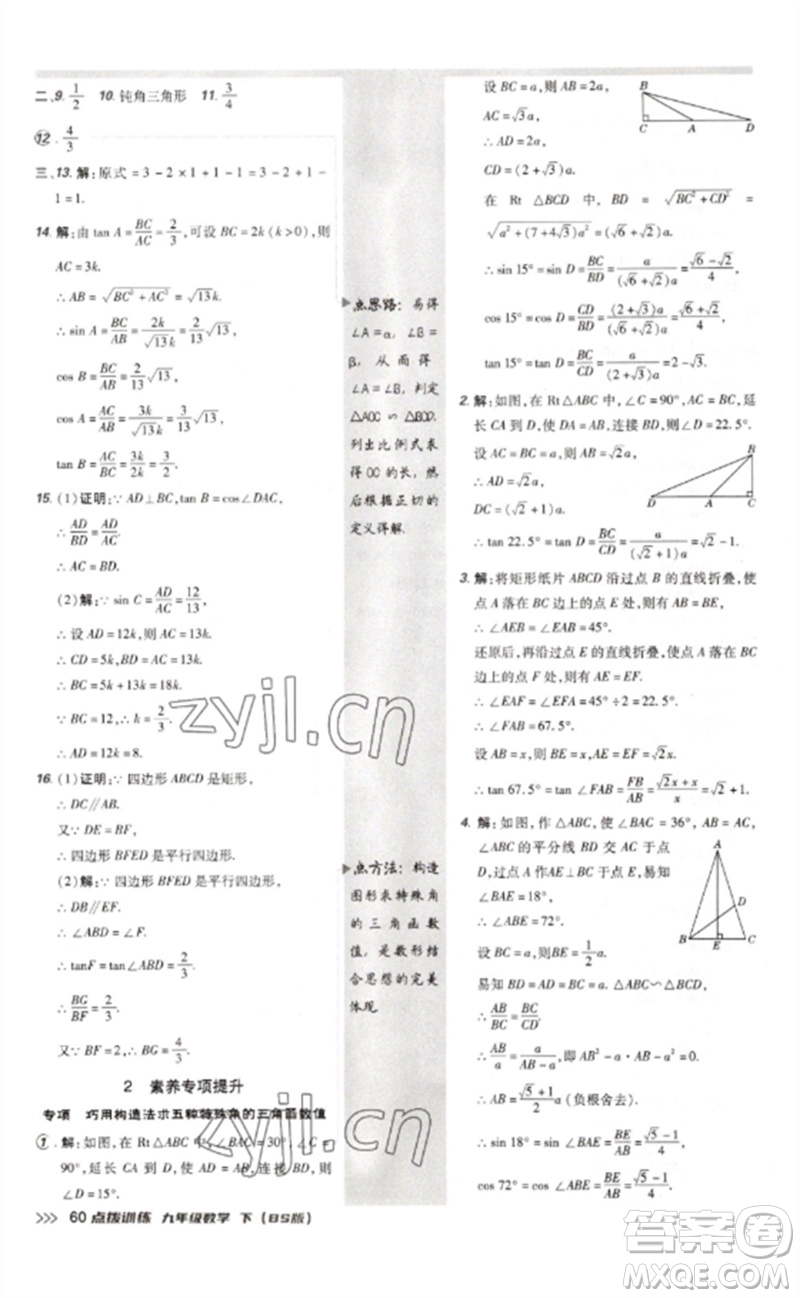 安徽教育出版社2023點(diǎn)撥訓(xùn)練九年級(jí)數(shù)學(xué)下冊(cè)北師大版參考答案