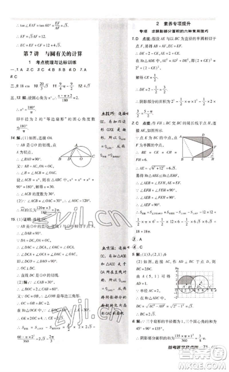 安徽教育出版社2023點(diǎn)撥訓(xùn)練九年級(jí)數(shù)學(xué)下冊(cè)北師大版參考答案