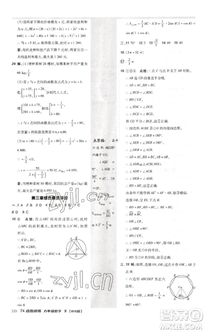 安徽教育出版社2023點(diǎn)撥訓(xùn)練九年級(jí)數(shù)學(xué)下冊(cè)北師大版參考答案