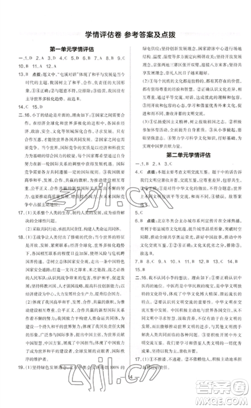 吉林教育出版社2023點撥訓(xùn)練九年級道德與法治下冊人教版參考答案