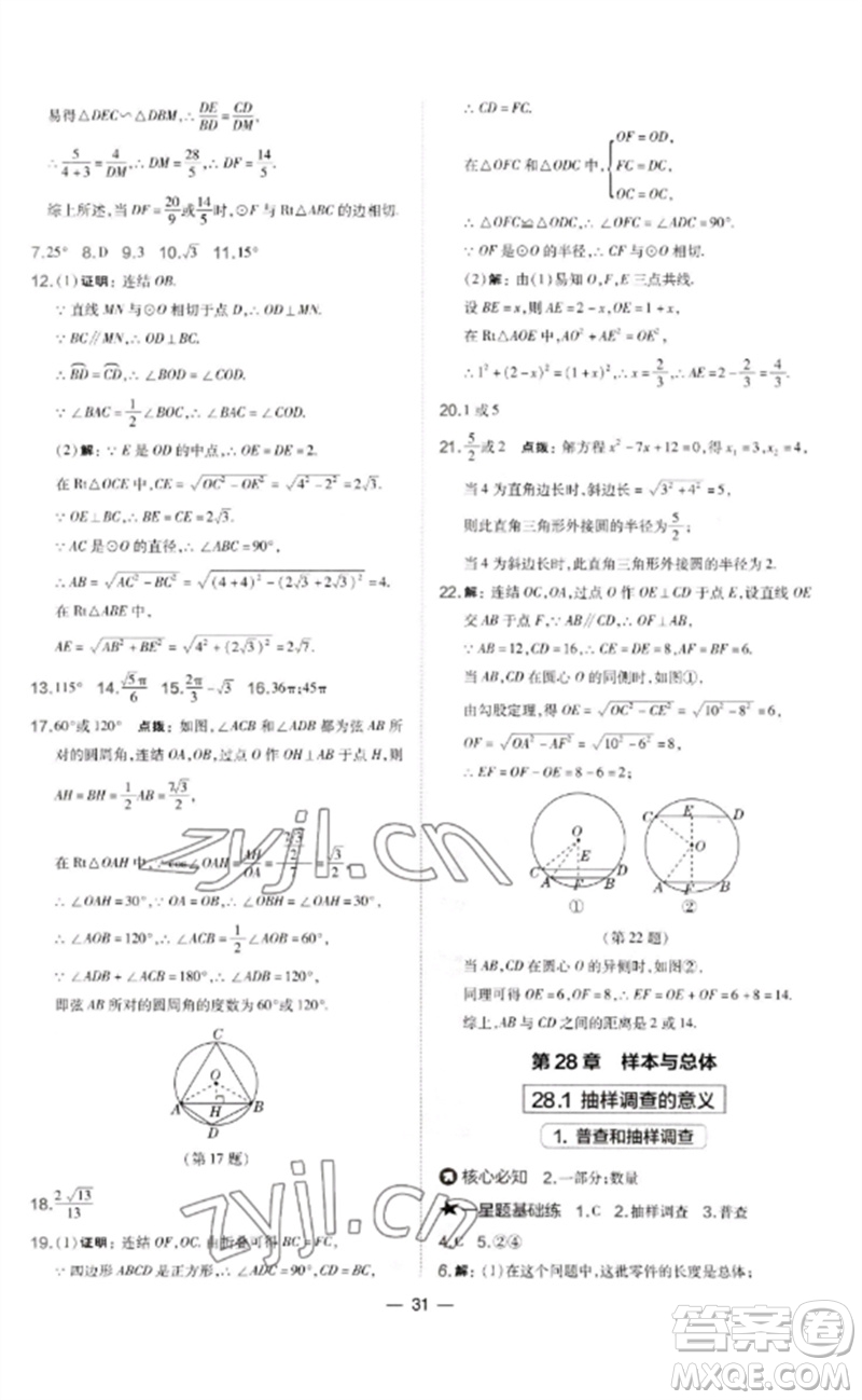 山西教育出版社2023點(diǎn)撥訓(xùn)練九年級(jí)數(shù)學(xué)下冊華師大版參考答案