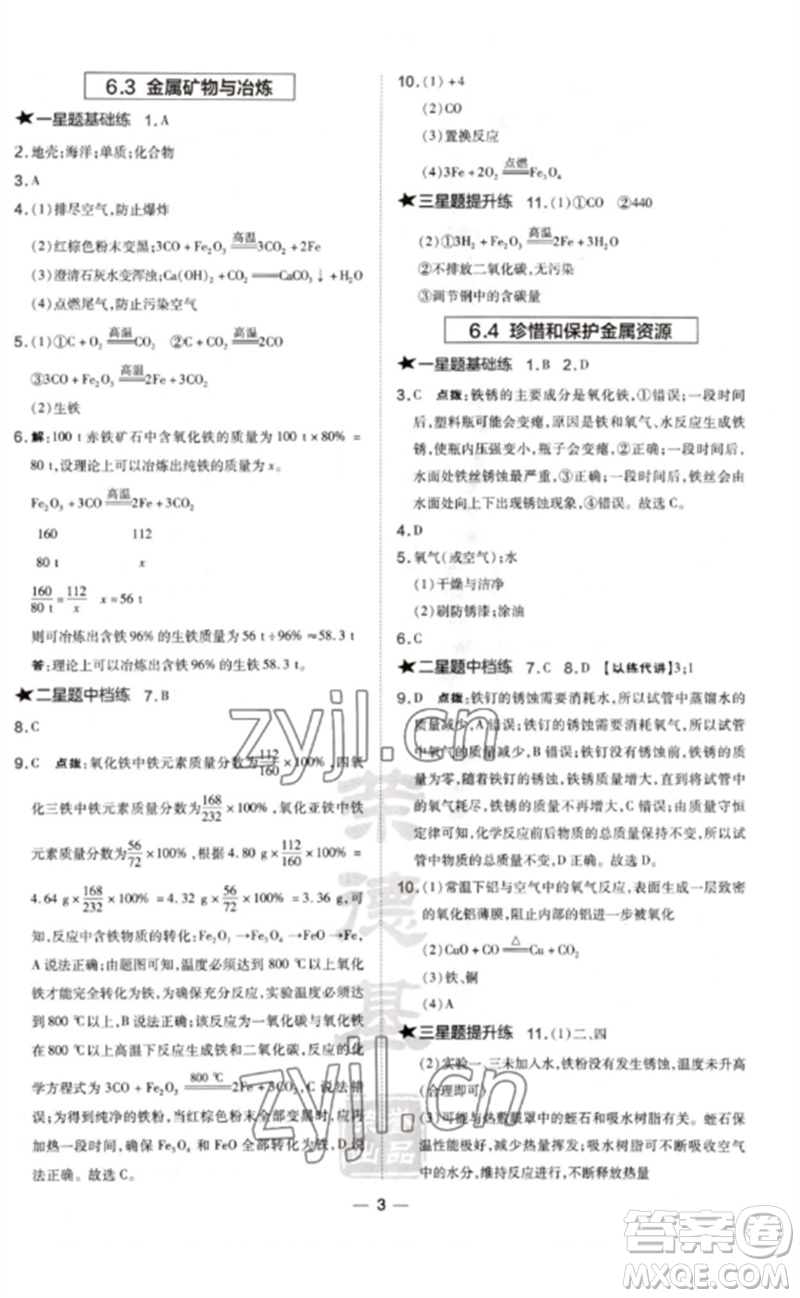 山西教育出版社2023點撥訓練九年級化學下冊科粵版參考答案