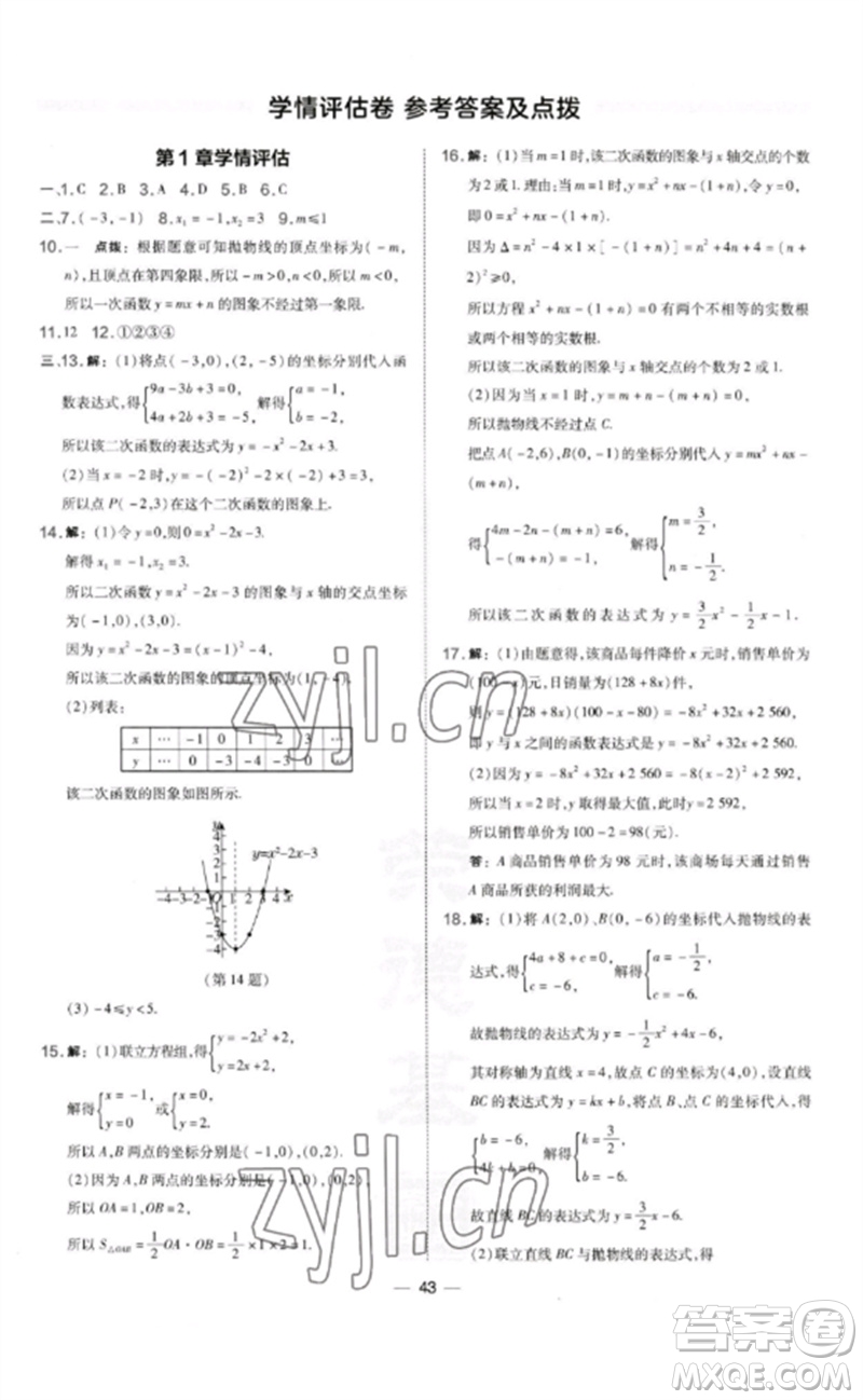 山西教育出版社2023點撥訓(xùn)練九年級數(shù)學(xué)下冊湘教版參考答案