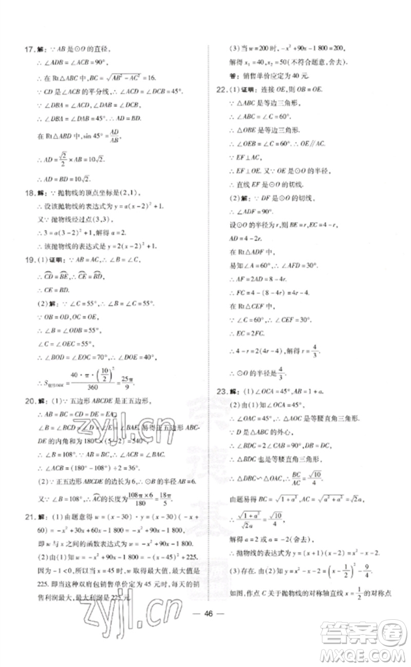 山西教育出版社2023點撥訓(xùn)練九年級數(shù)學(xué)下冊湘教版參考答案