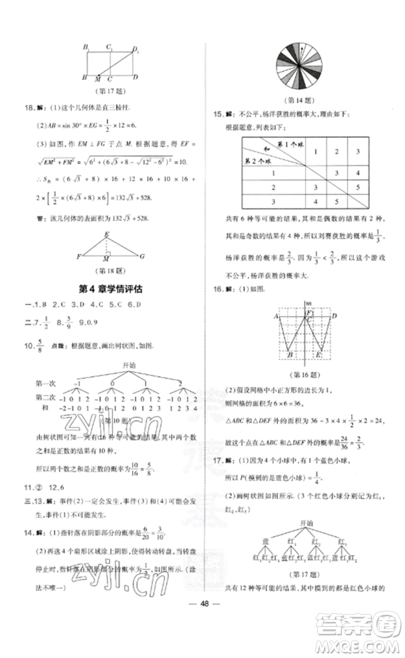 山西教育出版社2023點撥訓(xùn)練九年級數(shù)學(xué)下冊湘教版參考答案