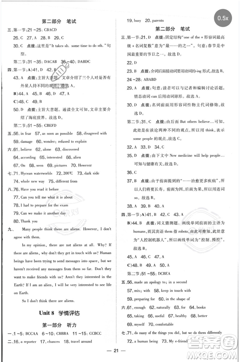 山西教育出版社2023點(diǎn)撥訓(xùn)練八年級(jí)英語(yǔ)下冊(cè)滬教版參考答案