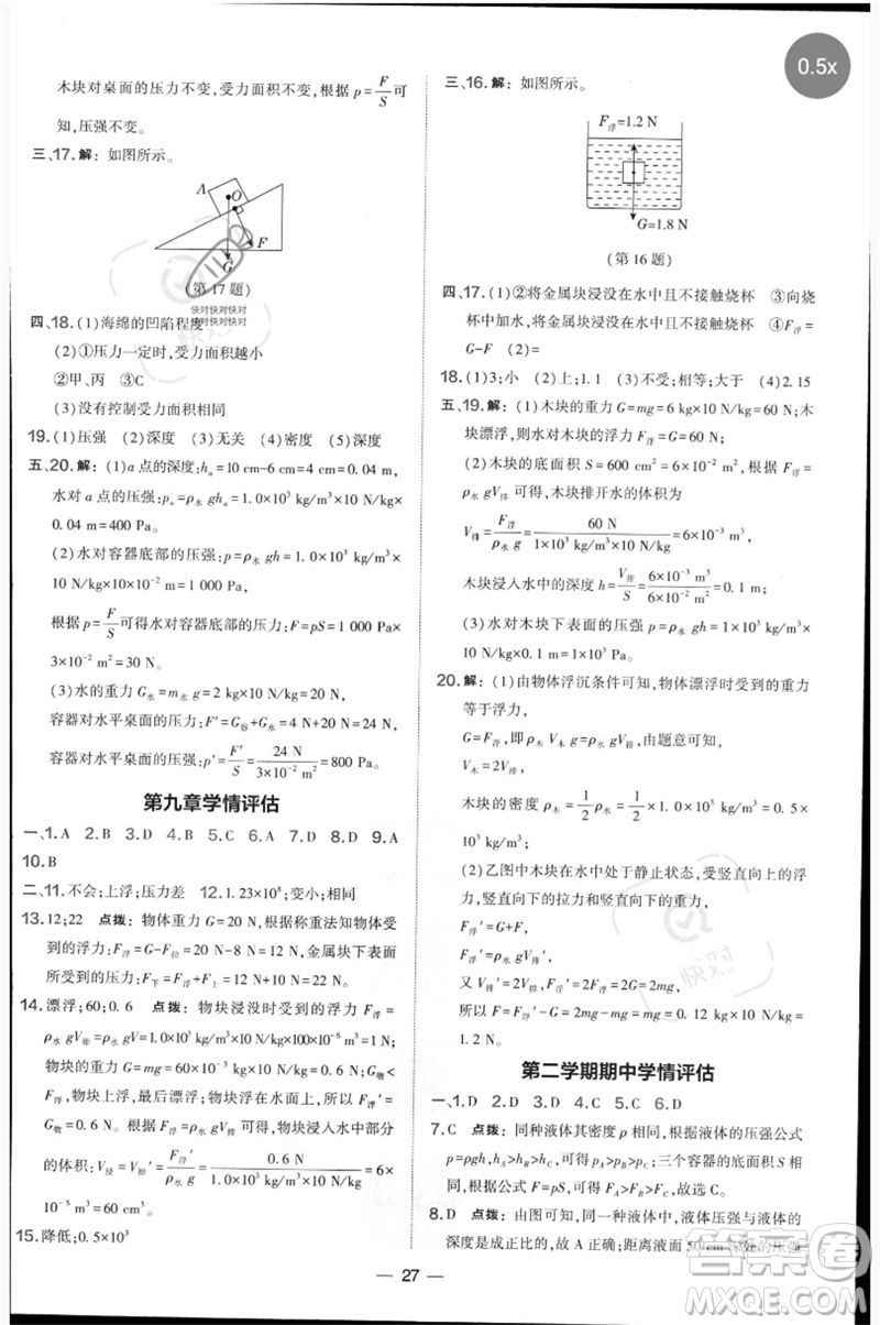 山西教育出版社2023點撥訓(xùn)練八年級物理下冊滬科版參考答案