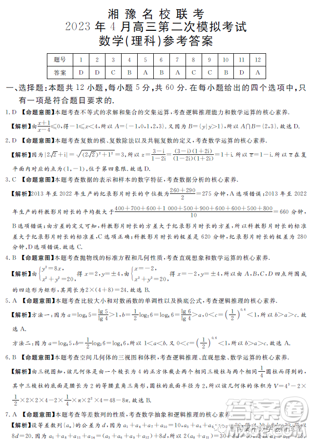 湘豫名校聯(lián)考2023年4月高三第二次模擬考試?yán)砜茢?shù)學(xué)試卷答案