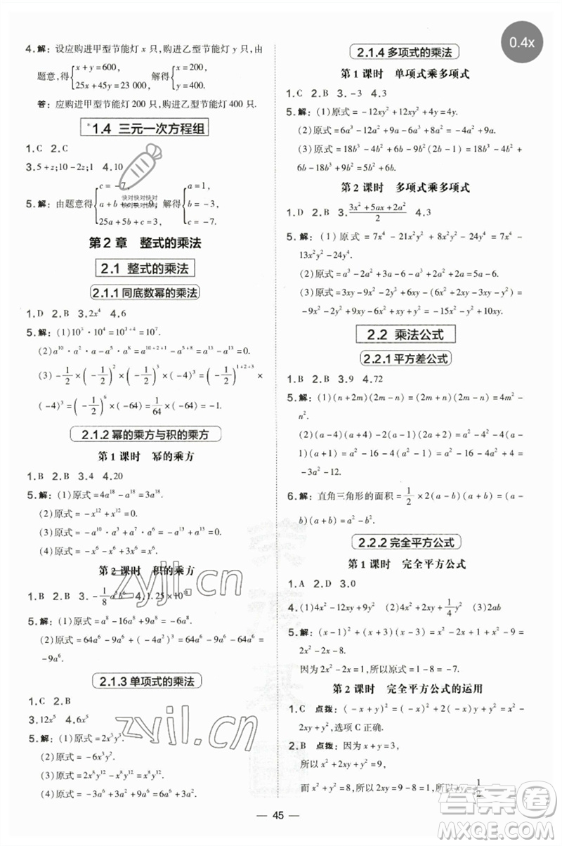 山西教育出版社2023點撥訓(xùn)練七年級數(shù)學(xué)下冊湘教版參考答案