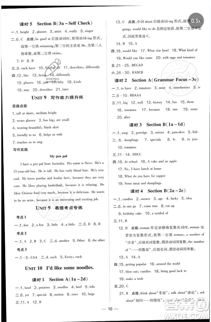 吉林教育出版社2023點(diǎn)撥訓(xùn)練七年級英語下冊人教版參考答案