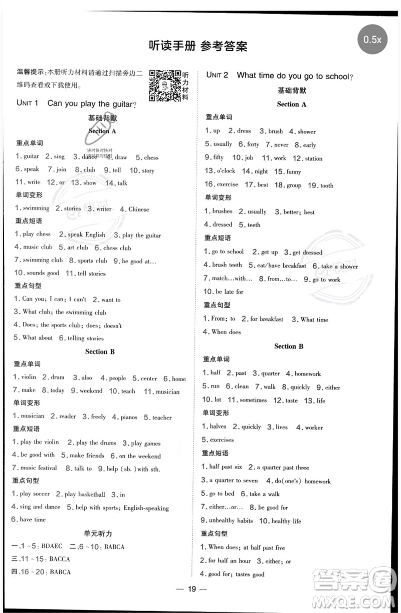 吉林教育出版社2023點(diǎn)撥訓(xùn)練七年級英語下冊人教版參考答案