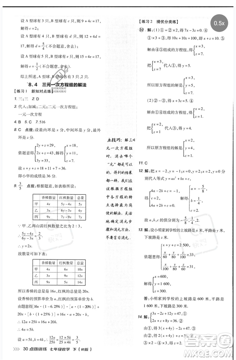 吉林教育出版社2023點(diǎn)撥訓(xùn)練七年級(jí)數(shù)學(xué)下冊(cè)人教版參考答案