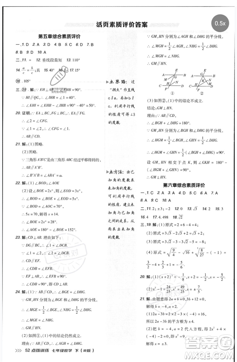 吉林教育出版社2023點(diǎn)撥訓(xùn)練七年級(jí)數(shù)學(xué)下冊(cè)人教版參考答案