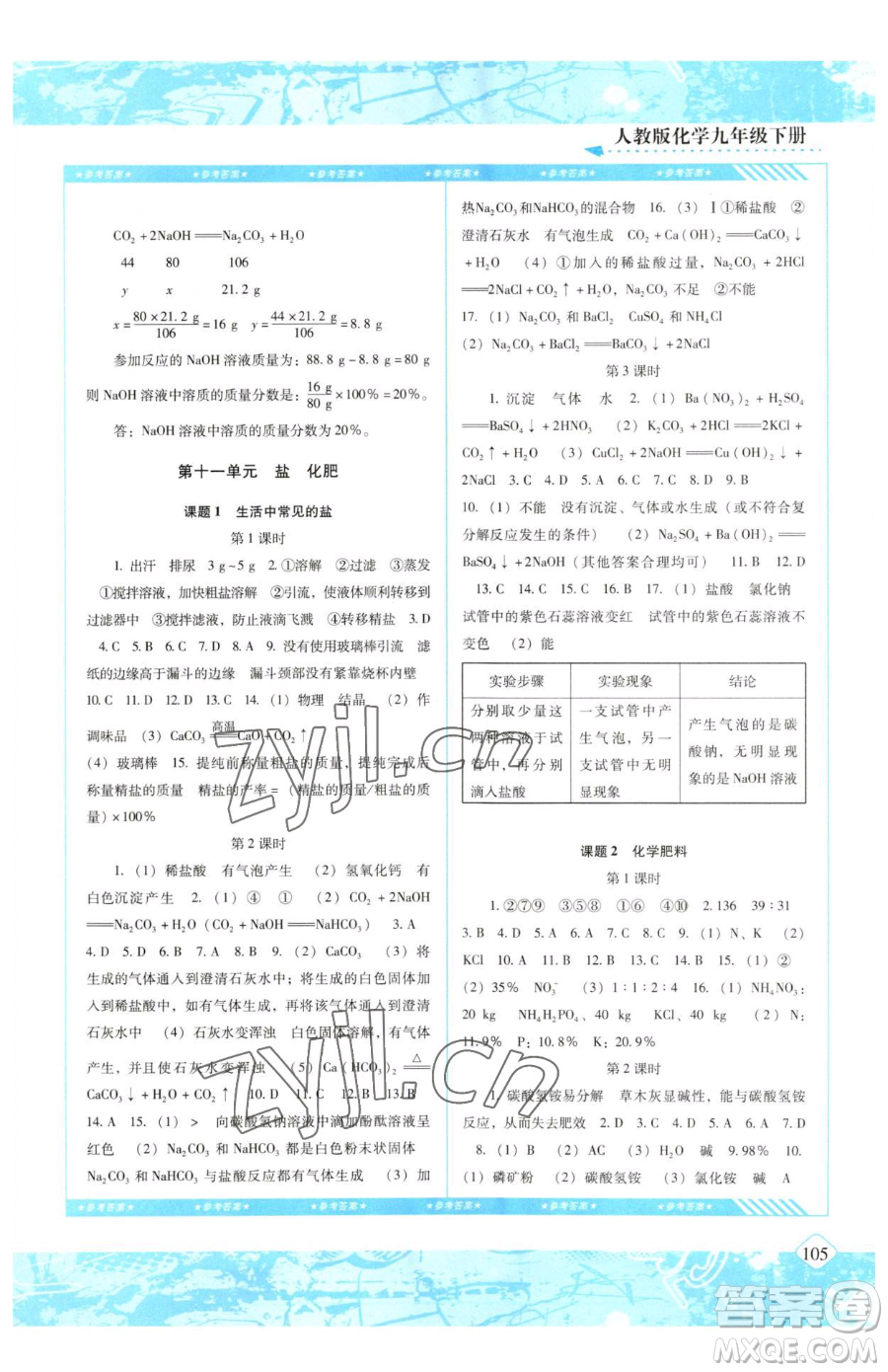 湖南少年兒童出版社2023同步實(shí)踐評價(jià)課程基礎(chǔ)訓(xùn)練九年級下冊化學(xué)人教版參考答案