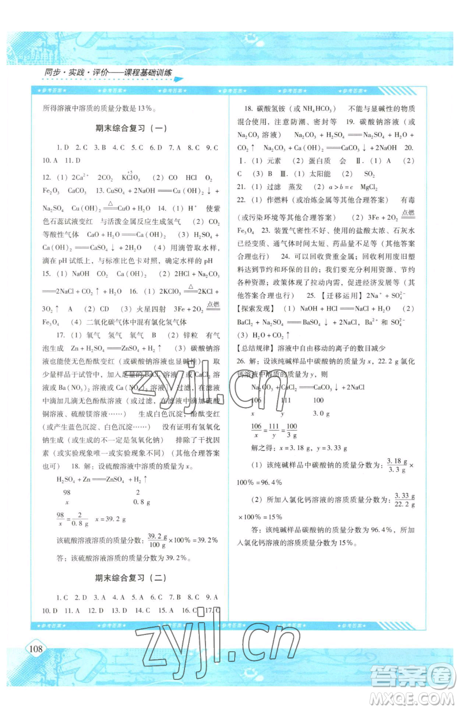 湖南少年兒童出版社2023同步實(shí)踐評價(jià)課程基礎(chǔ)訓(xùn)練九年級下冊化學(xué)人教版參考答案