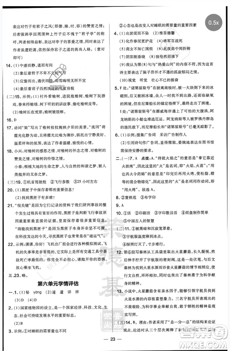 吉林教育出版社2023點撥訓練七年級語文下冊人教版參考答案