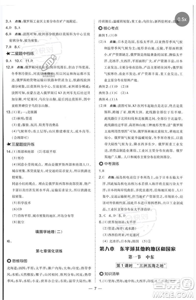 湖南地圖出版社2023點(diǎn)撥訓(xùn)練七年級地理下冊人教版參考答案