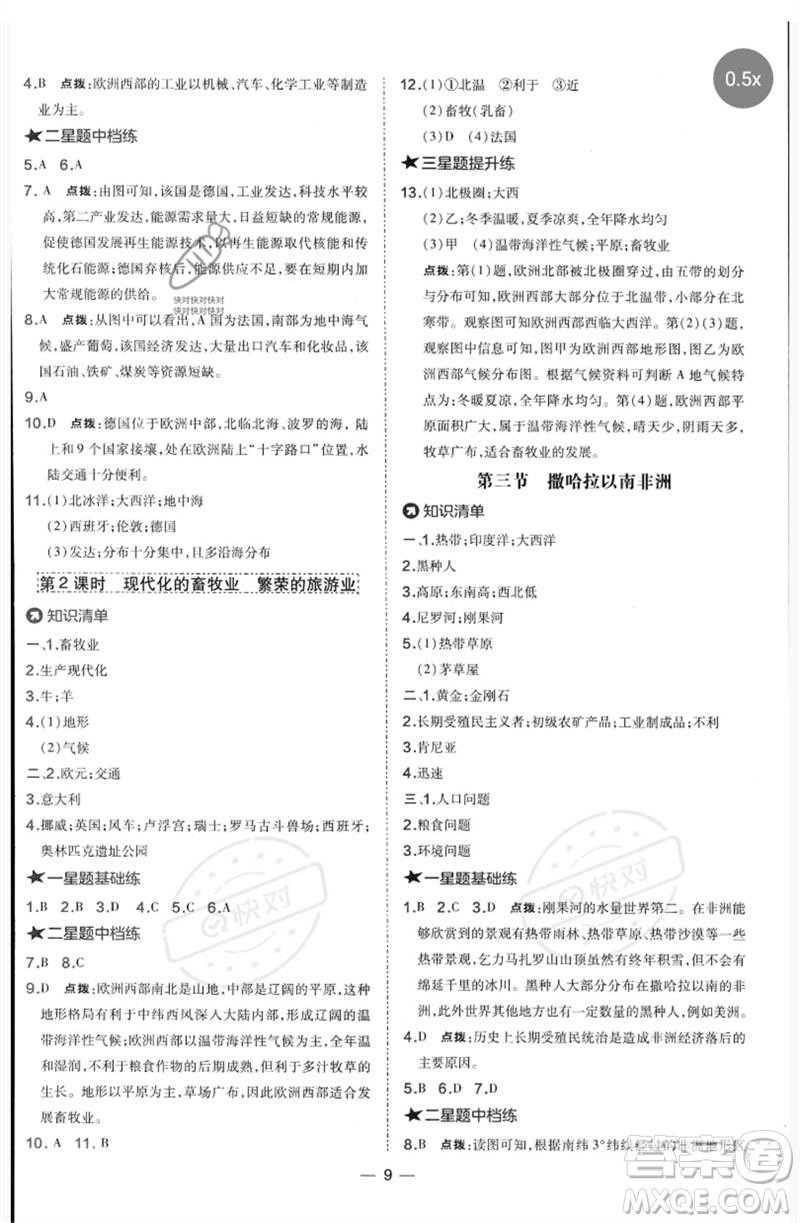 湖南地圖出版社2023點(diǎn)撥訓(xùn)練七年級地理下冊人教版參考答案