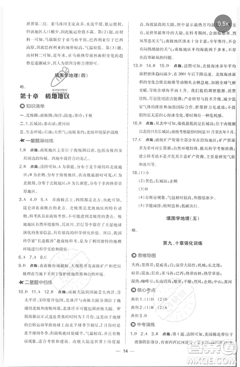 湖南地圖出版社2023點(diǎn)撥訓(xùn)練七年級地理下冊人教版參考答案