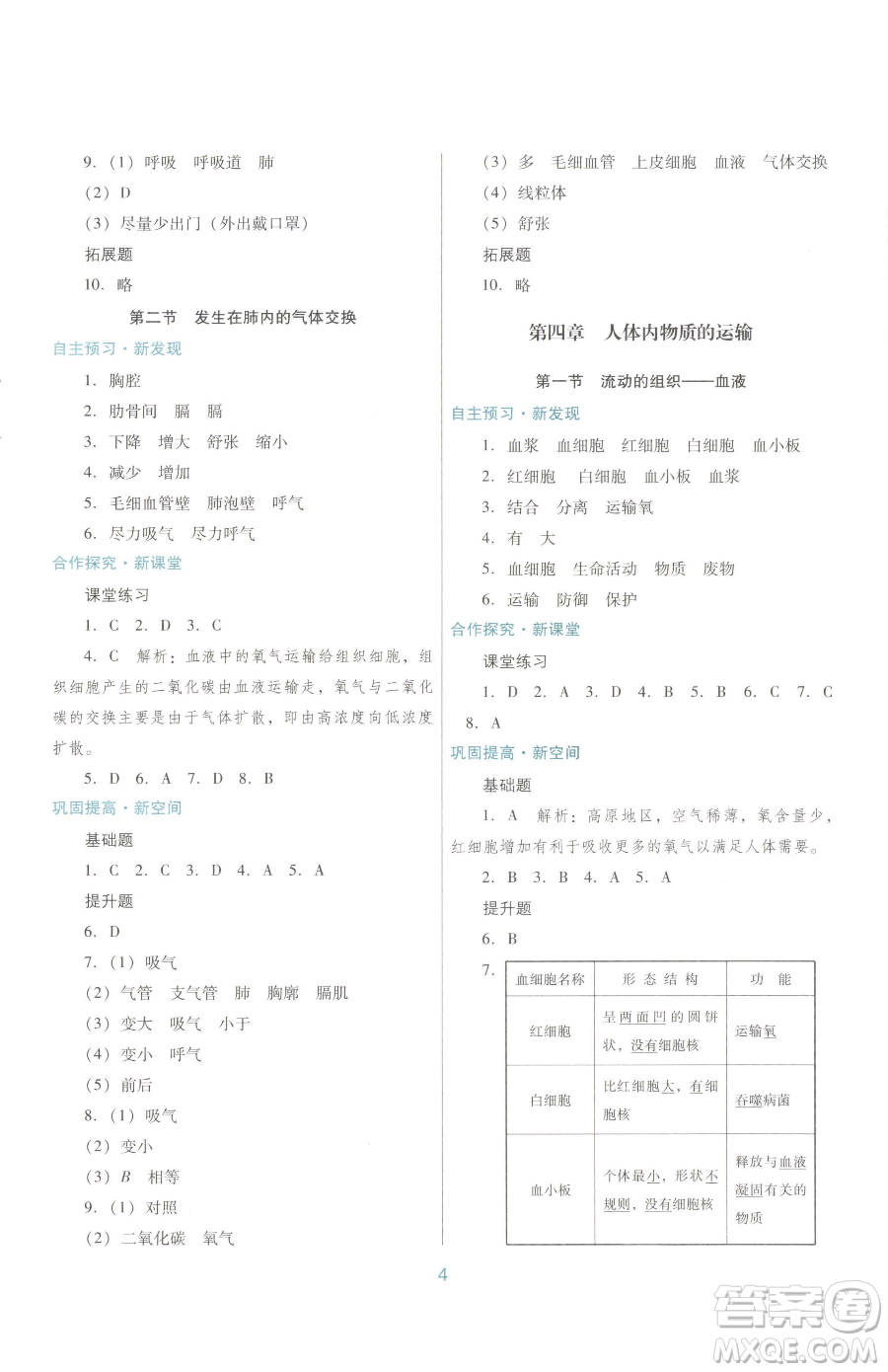 廣東教育出版社2023南方新課堂金牌學(xué)案七年級下冊生物人教版參考答案