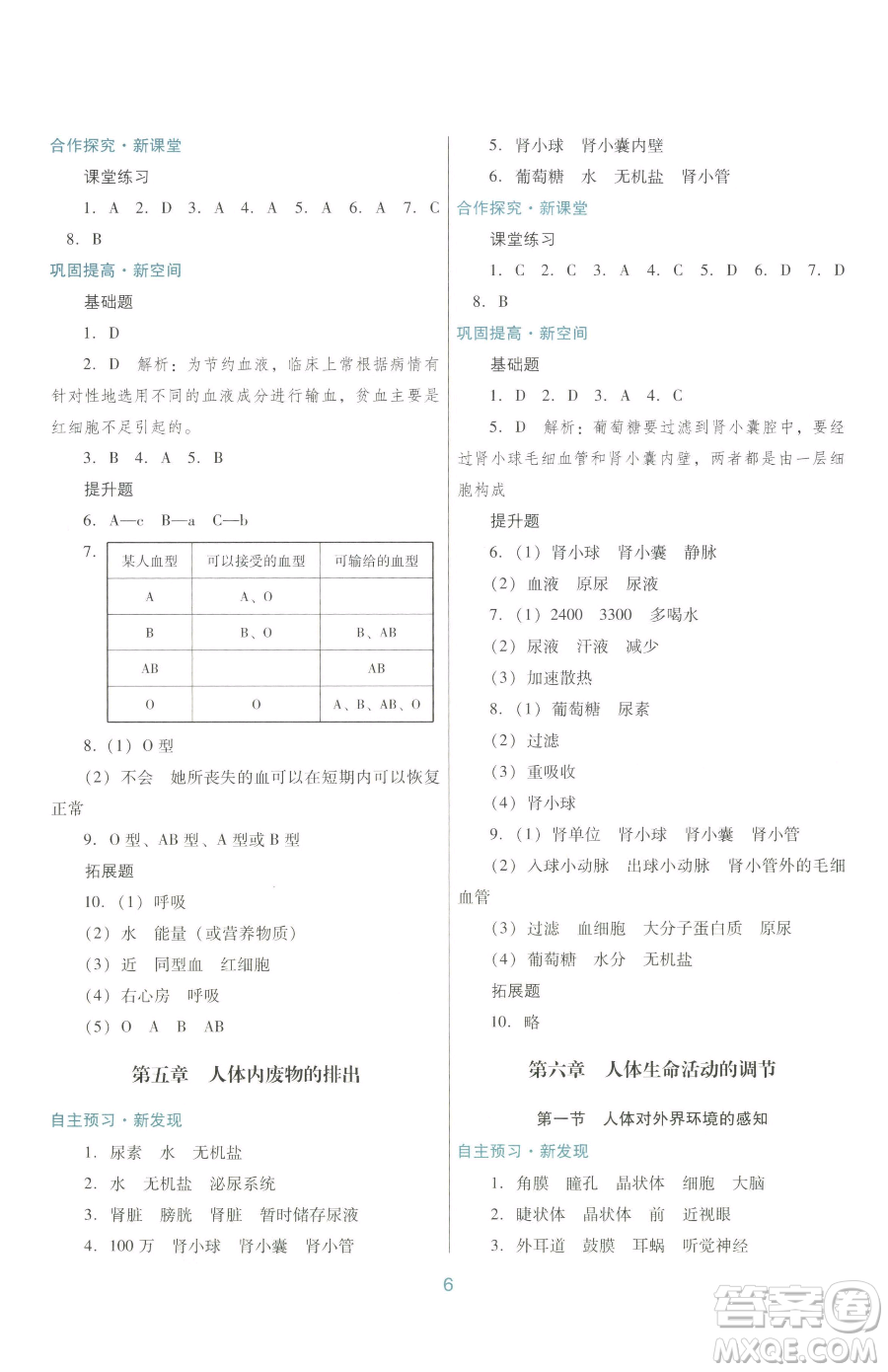 廣東教育出版社2023南方新課堂金牌學(xué)案七年級下冊生物人教版參考答案