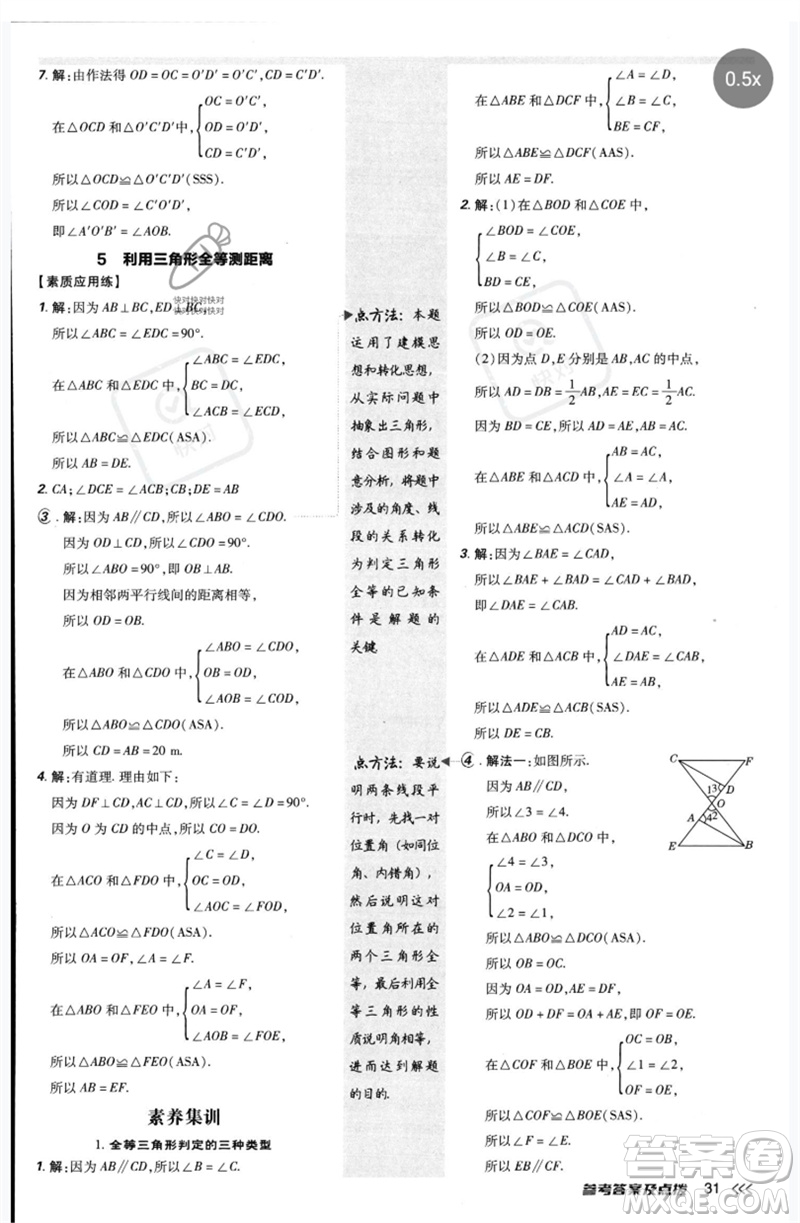 安徽教育出版社2023點(diǎn)撥訓(xùn)練七年級數(shù)學(xué)下冊北師大版參考答案