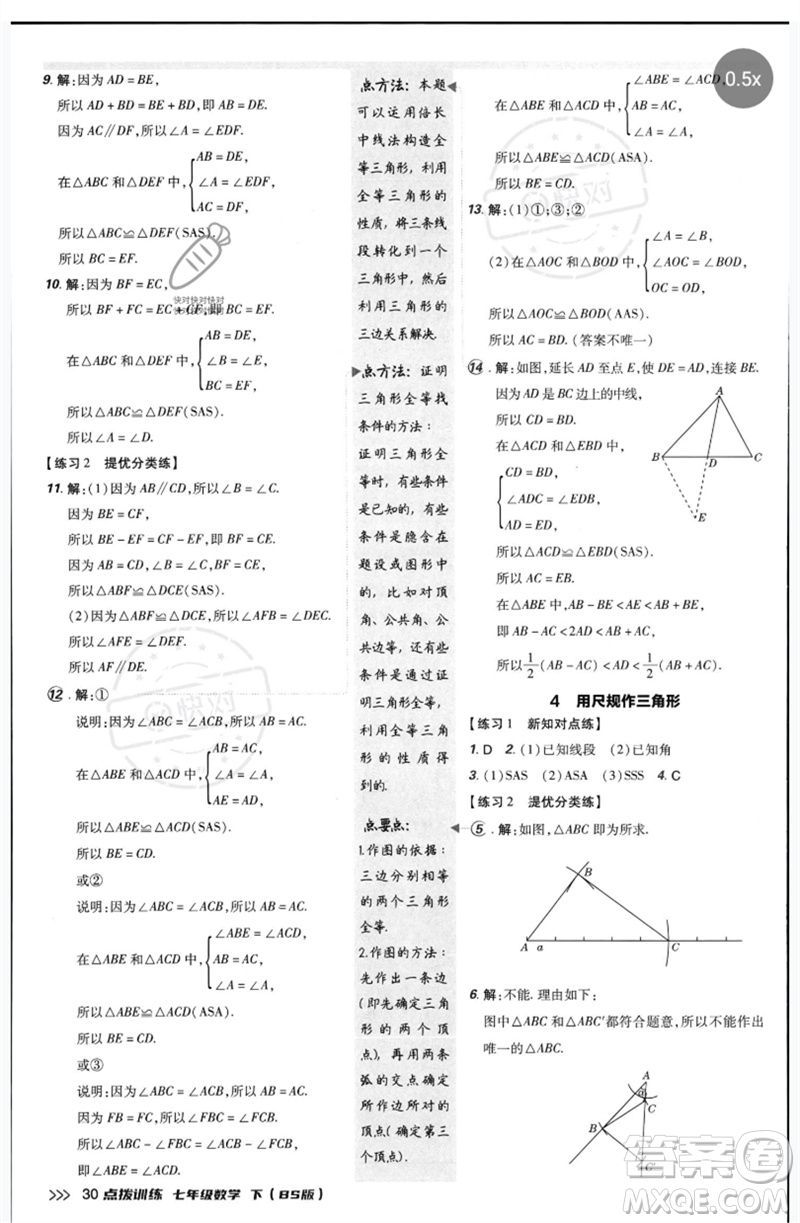 安徽教育出版社2023點(diǎn)撥訓(xùn)練七年級數(shù)學(xué)下冊北師大版參考答案