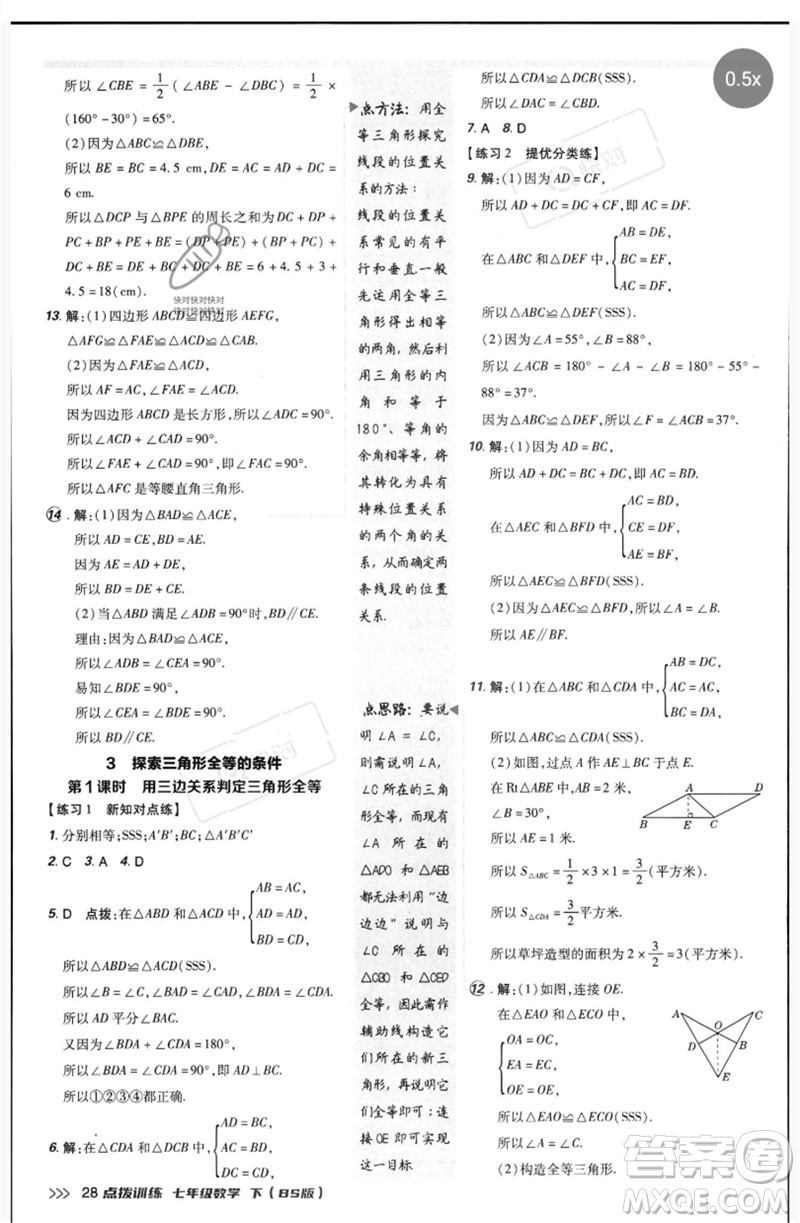 安徽教育出版社2023點(diǎn)撥訓(xùn)練七年級數(shù)學(xué)下冊北師大版參考答案