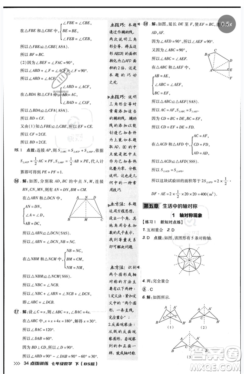 安徽教育出版社2023點(diǎn)撥訓(xùn)練七年級數(shù)學(xué)下冊北師大版參考答案