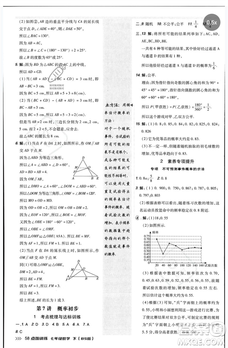 安徽教育出版社2023點(diǎn)撥訓(xùn)練七年級數(shù)學(xué)下冊北師大版參考答案